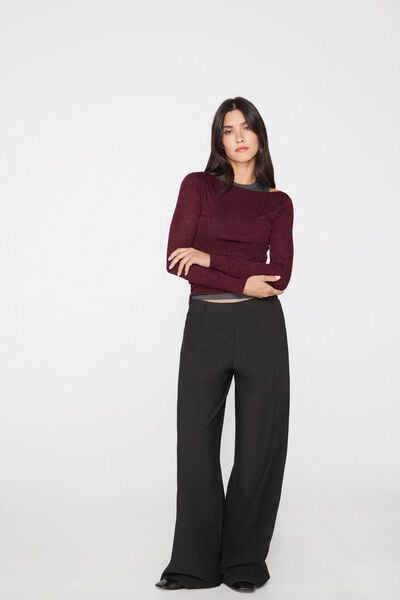 Camisola Manga Comprida Decote Barco com L&atilde; Merino Lam&eacute; e Viscose