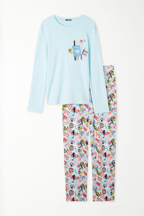 Pijama Largo de Algodón Grueso con Estampado de Pasaporte  