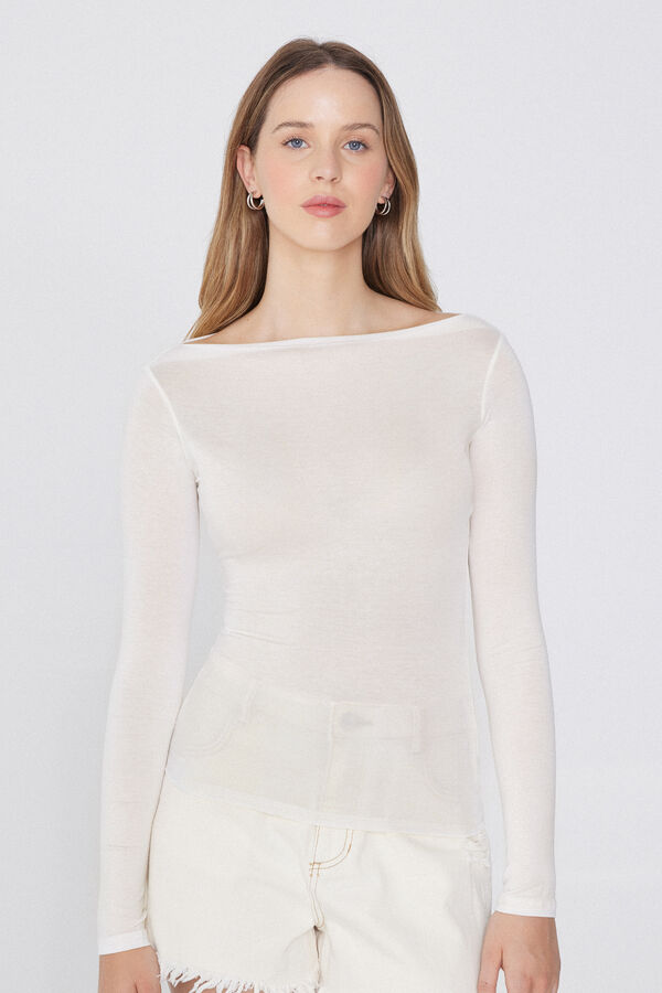 Long-Sleeved Viscose Top with Boat Neck  