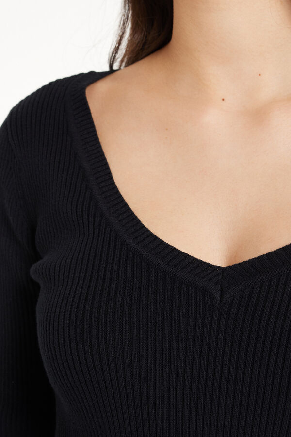 Gerippter Pullover mit langen Ärmeln mit V-Ausschnitt aus 100 % Baumwolle  