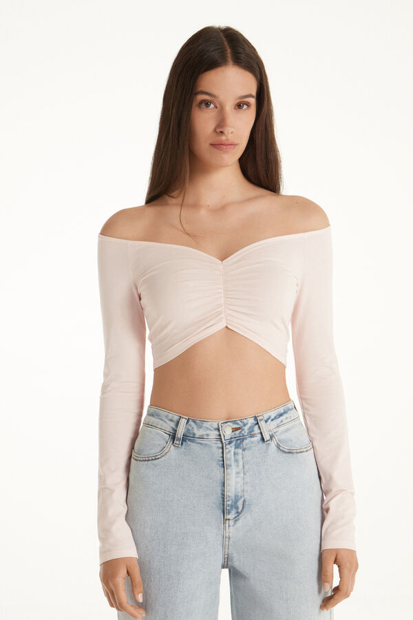 Off-The-Shoulder Long-Sleeved Cropped Top in Cotton  