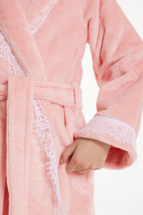 Girls’ Long-Sleeved Fleece and Lace Dressing Gown  