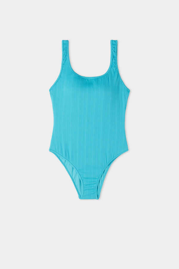 Slightly Padded One-Piece Swimsuit in Turquoise Recycled Ribbed Microfibre  
