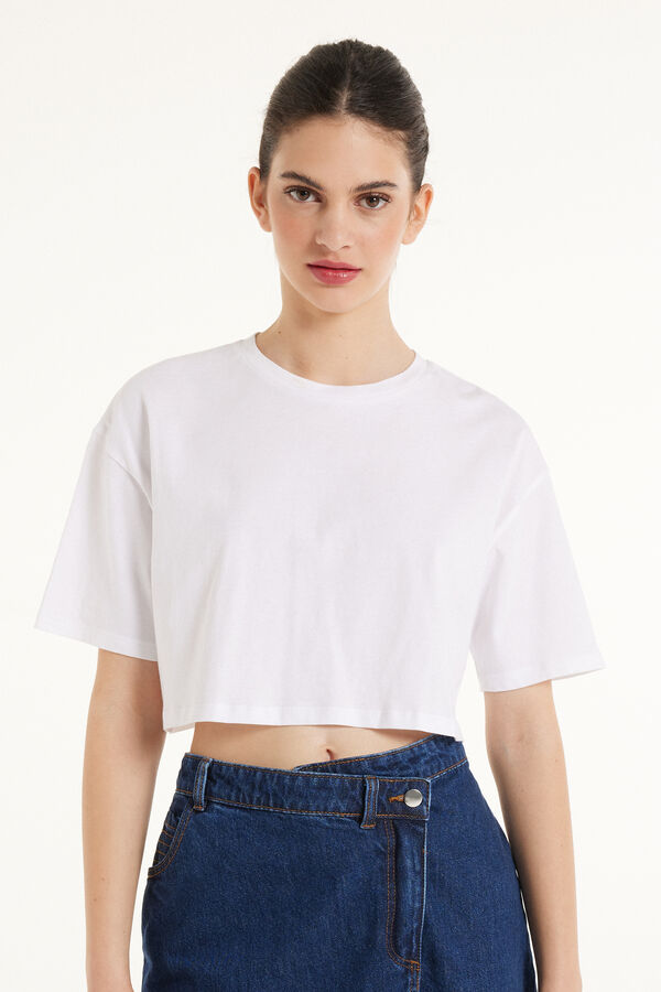 Kurzes Baumwoll-T-Shirt mit Rundhalsausschnitt und Boxy-Passform  