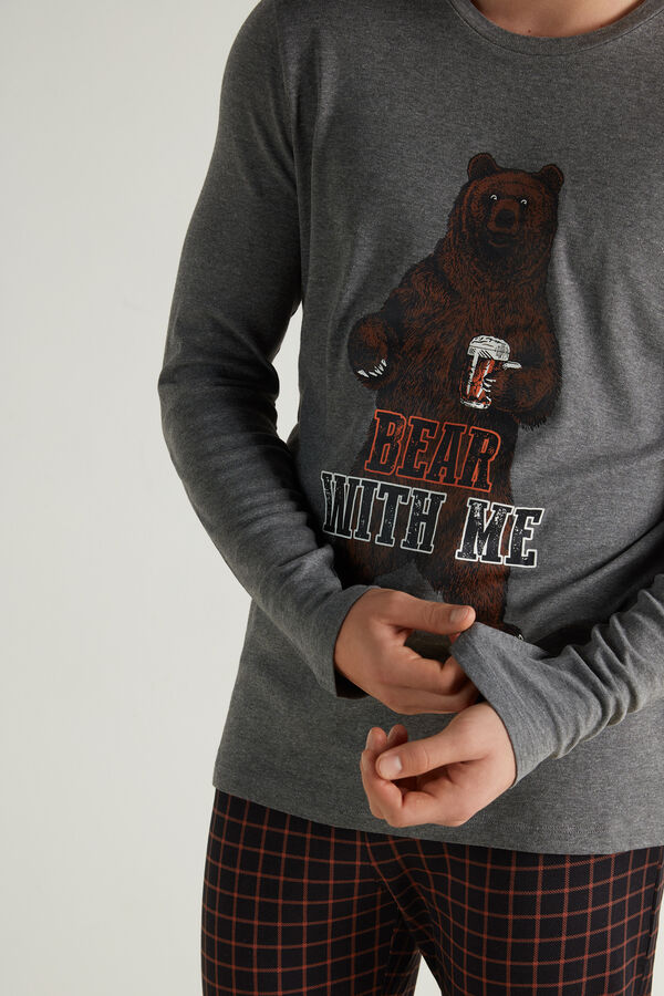 Men’s Full-Length Crew-Neck Bear Print Cotton Pajamas  