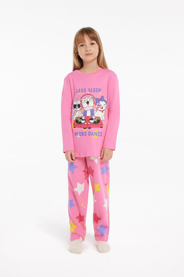 Girls’ Long Cotton Cat Print Pyjamas  