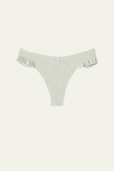 High-Cut Ribbed Cotton Brazilian Panties with Ruffles