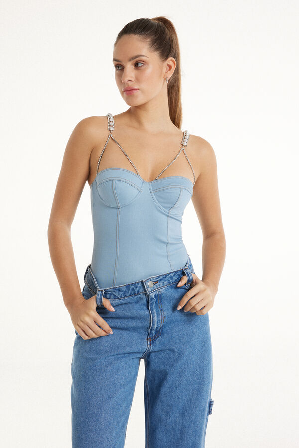 Glam Denim Balconette Bodysuit with Rhinestones and Pearls  