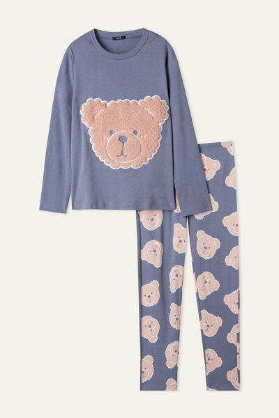 Pijama Largo de Algodón con Parche de Oso para Niña