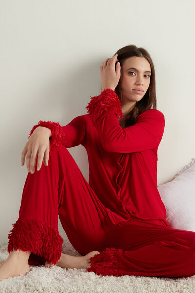 Feather Trim Buttoned Full Length Pajamas