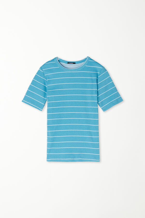 Rundhals-T-Shirt aus gerippter Baumwolle mit Streifenprint  