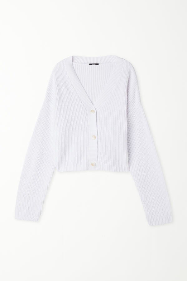 Long-Sleeved Ribbed Cropped Button-Up Cardigan  