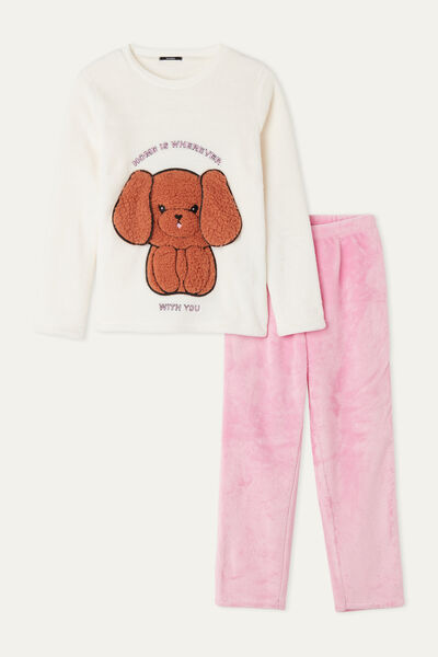 Girls’ Long Fleece Pyjamas with Dog Patch