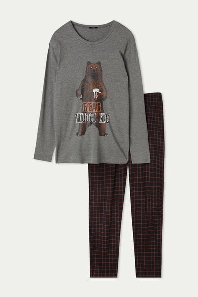Men’s Bear Print Long Cotton Pyjamas with Rounded Neck