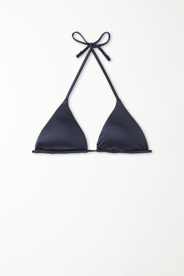 Shiny Navy Blue Removable Cup Triangle Bikini Top  