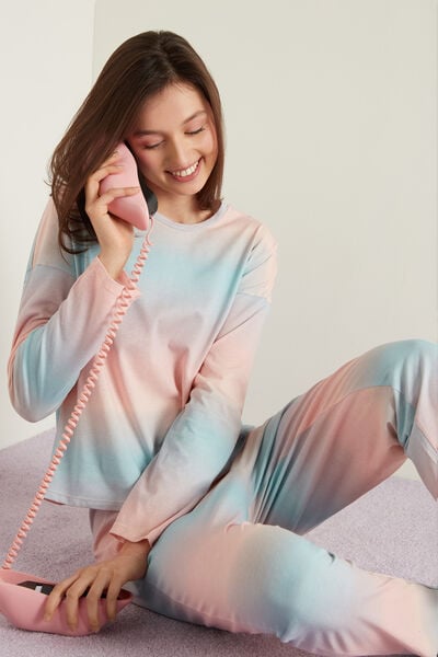 Long Cotton Pyjamas with Pale Tie-Dye Print