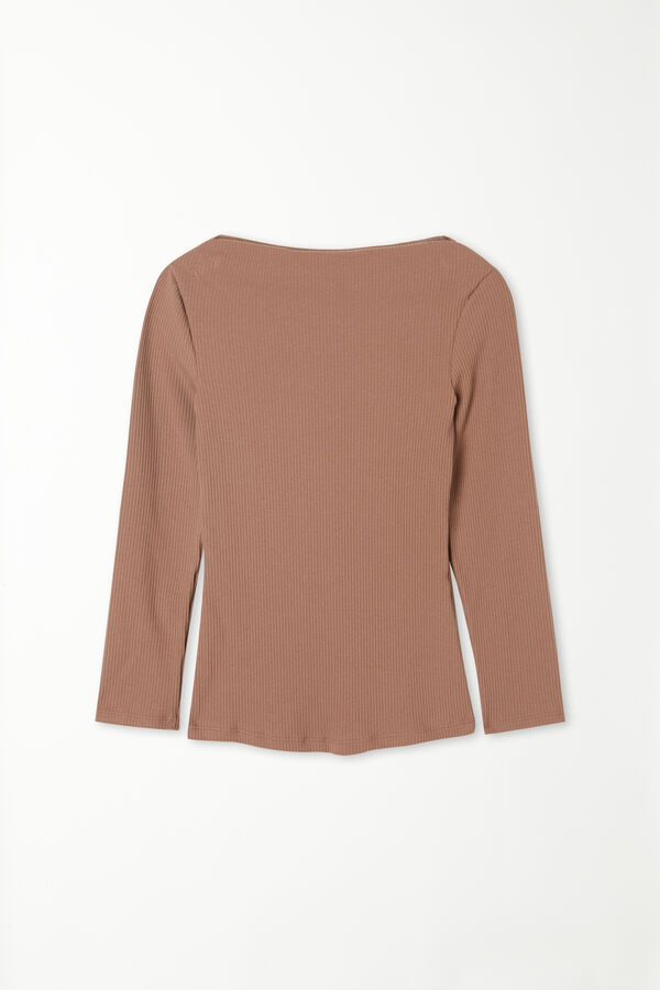 3/4 Length Sleeve Ribbed Top with Boat Neck  