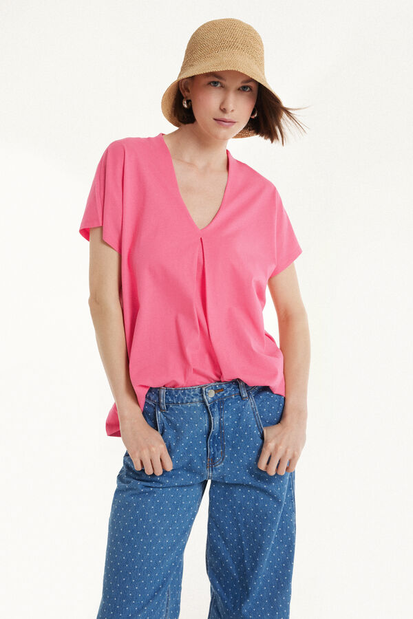 V-Neck Cotton T-Shirt with Pleat  