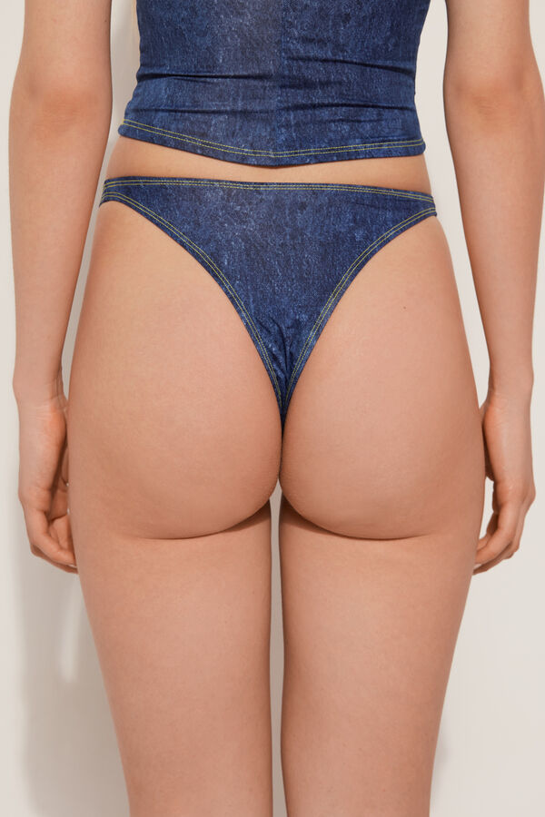 High-Cut Denim Brazilian Bikini Bottoms  