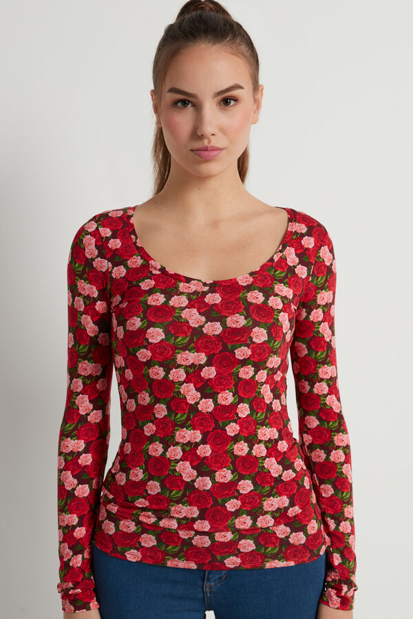 Long-Sleeved Shirt with Wide-Neck and Printed Viscose  