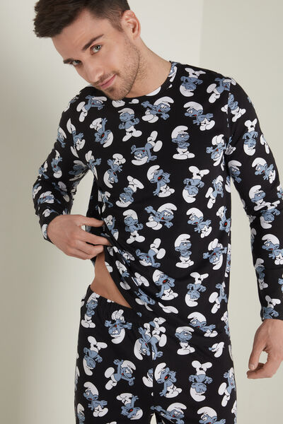 Pijama Largo de Algodón con Estampado de Los Pitufos en Toda la Prenda