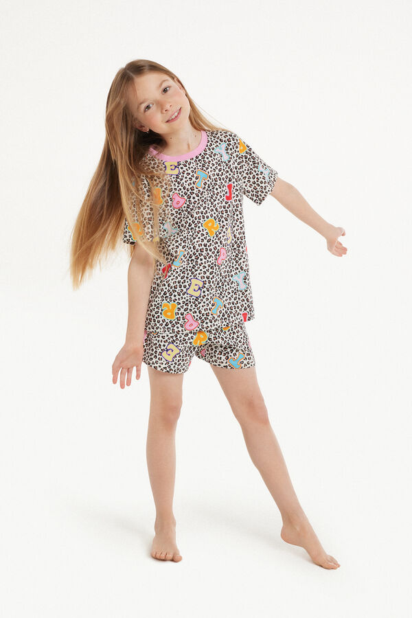 Kurzer Baumwoll-Pyjama mit halblangen Ärmeln, Animal-Print und Buchstaben für Mädchen  