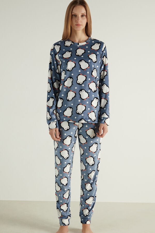 Full-Length Micro-Fleece Penguin-Print Pajamas  