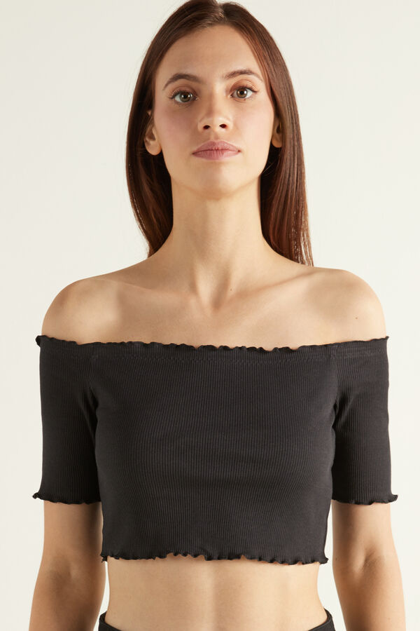 Short Sleeve Ribbed Crop Top with Rolled Hem  