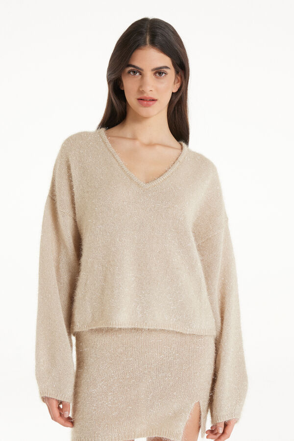 V-Neck Long Sleeve Ribbed Lame Top  