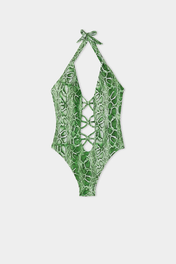 Tropical Snake Low-Necked Padded One-Piece Swimsuit  