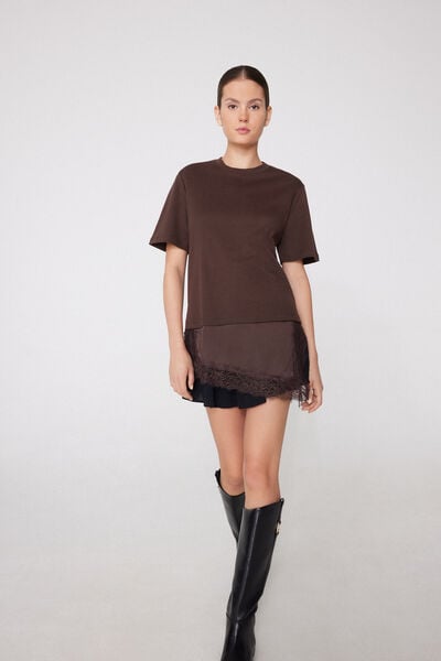 T-Shirt Cotone con Inserto Raso e Pizzo