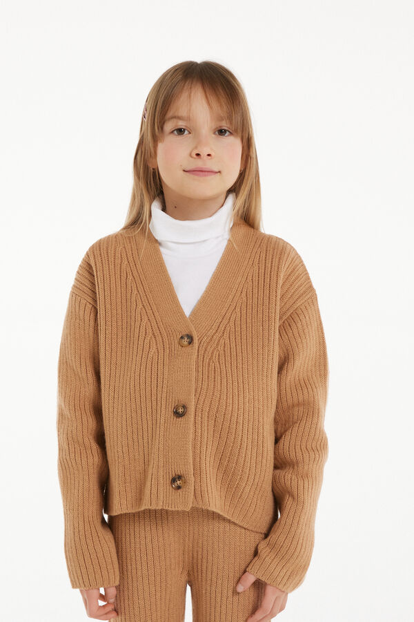 Girls’ Long-Sleeved Heavy Ribbed Cardigan with Buttons  