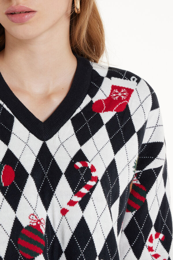 Long-Sleeved Cropped V-Neck Sweater with Christmas Print  