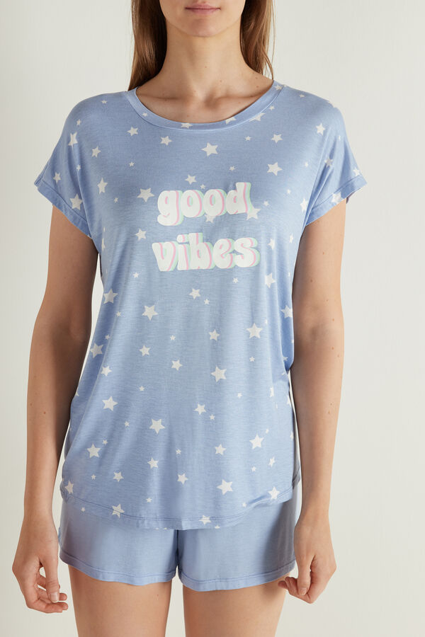 Short Sleeve Short Viscose Pyjamas with Good Vibes Print  