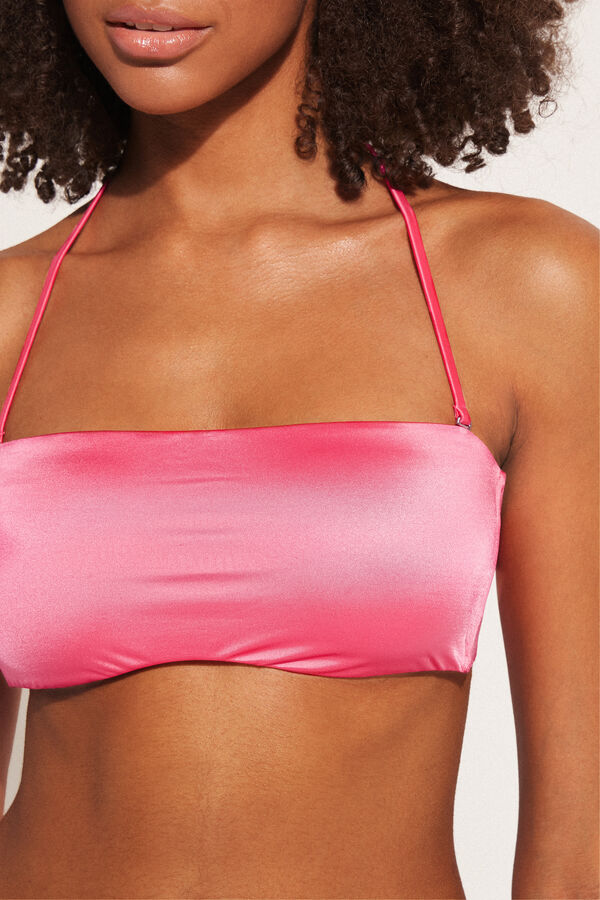 Shiny Summer Pink Bandeau Bikini Top with Removable Padding  