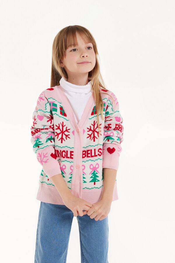 Cardigan Grosso Manga Comprida com Botões Jacquard Natal  
