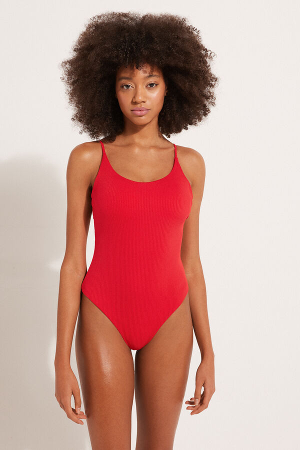 Padded One-Piece Swimsuit in Recycled Ribbed Microfibre  