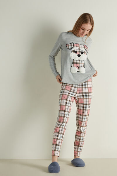 Langer Pyjama aus Baumwolle mit Hunde-Aufnäher