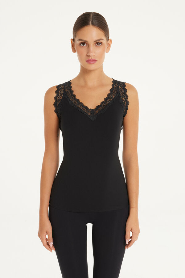 Wide Shoulder Strap Viscose Camisole with Lace V-Neck  