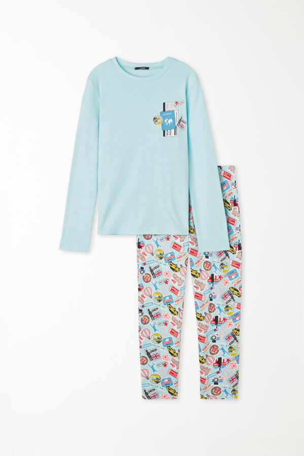 Langer Mädchenpyjama aus schwerer Baumwolle und Reisepassprint  
