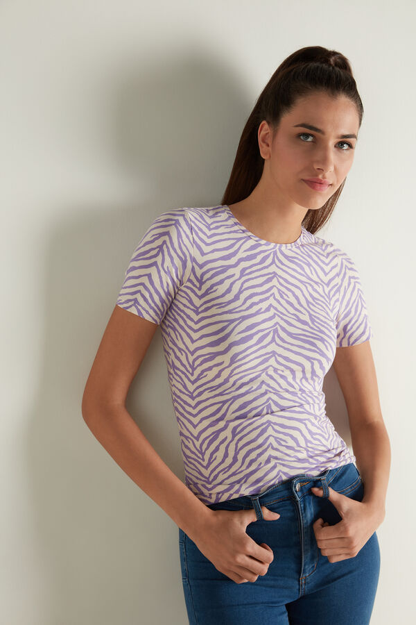 T-shirt Ras-du-cou en Coton Élastique Imprimé  
