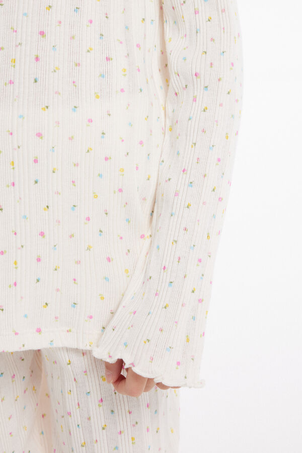 Girls’ Long Ribbed Cotton Pyjamas with Small Flower Print  