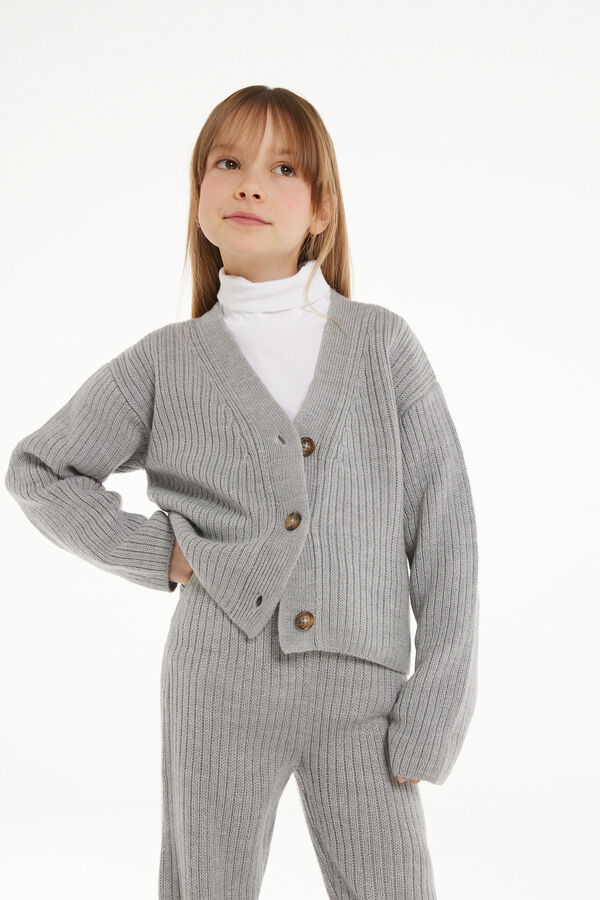 Girls’ Long-Sleeved Heavy Ribbed Cardigan with Buttons  