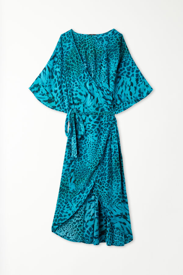 Short-Sleeved Viscose Fabric Midi Dress with Criss-Cross  