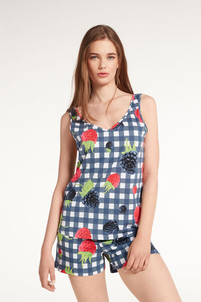 Short Sleeveless Cotton Pyjamas with Raspberry Print