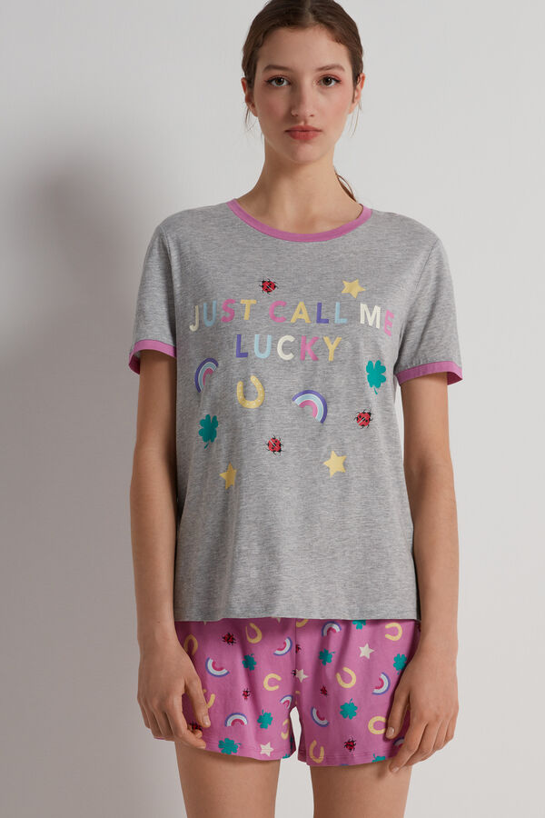 Krátké Bavlněné Pyžamo s Kulatým Výstřihem Potisk "Lucky"  