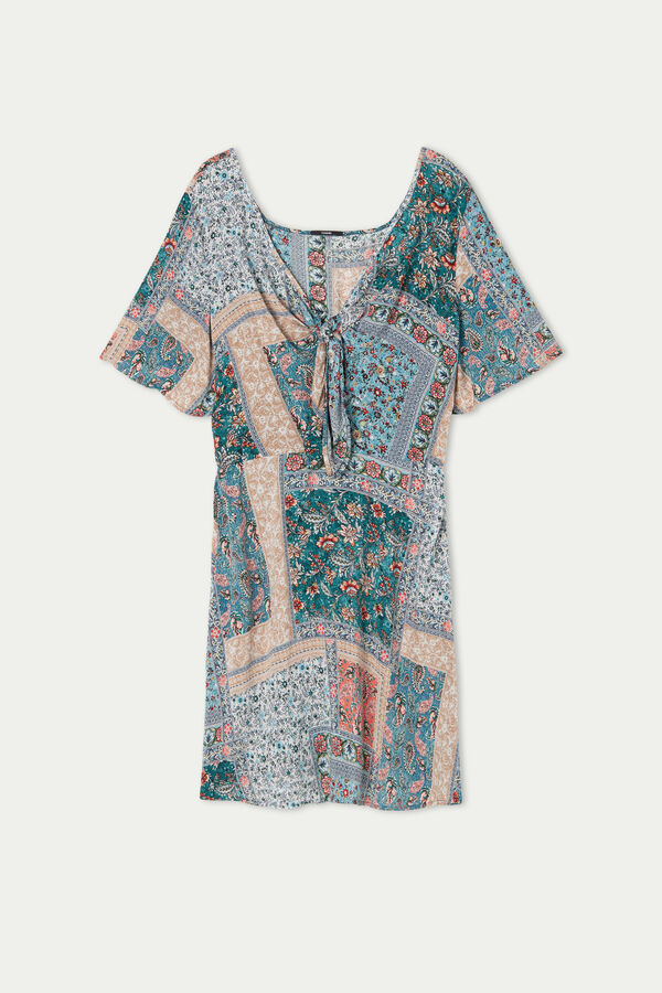 Short Sleeve Short Canvas Dress with Knot  