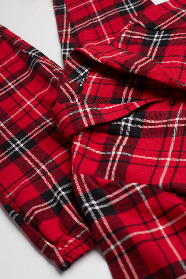 Dlouhé Dětské Unisexové Pyžamo z Flanelu s Knoflíky a Károvaným Vzorem Červené  