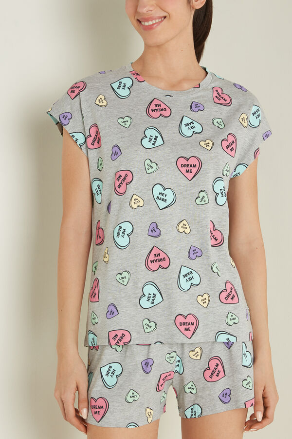 Short Sleeve Short Cotton Pyjamas with Heart Message Print  