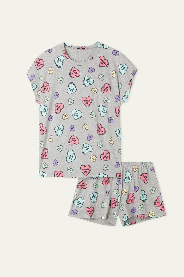 Short Sleeve Short Cotton Pyjamas with Heart Message Print  